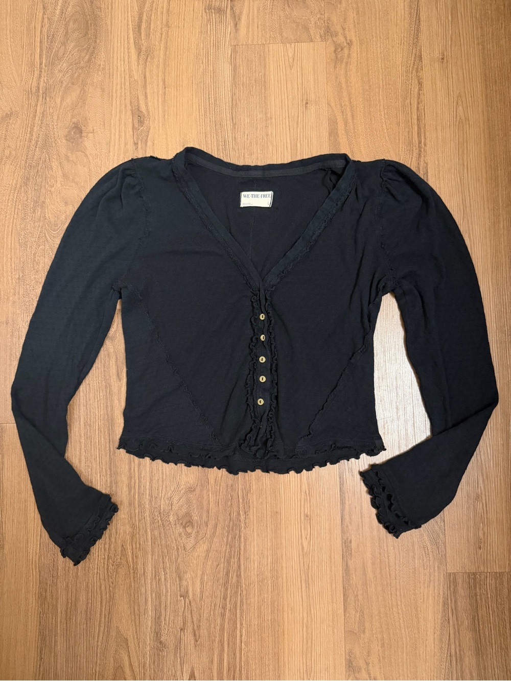 We The Free Black Ruffle-Trim Button Front Crop Top